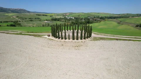 Circular aerial view of cypress ring in Val D'Orcia. Stock Footage 247452436