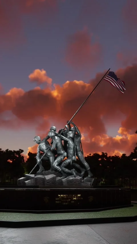 Circular aerial view at dusk of US Marine Corps War Memorial in Washington D.C. Stock Footage 284883881
