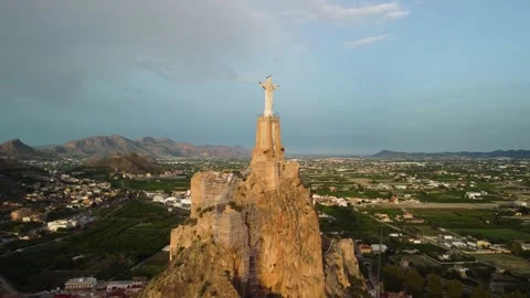Circular aerial view of a statue of Jesus Christ. Cristo de Monteagudo, Murci Stock Footage 222009372