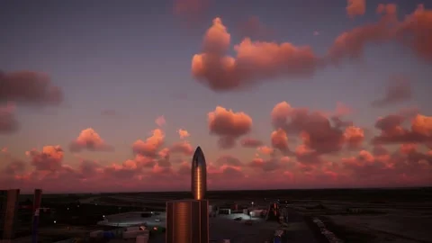 Circular aerial view at sunset of the Space Rocket Launch Site in Boca Chica Video stock 217437507