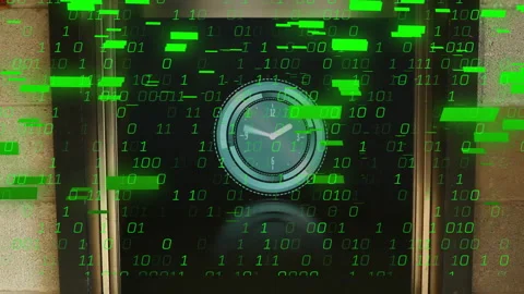 Circular analog clock rotating on 3D dark display panel, showcasing binary Stock Footage 307431920