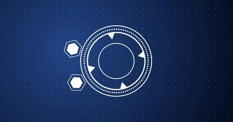 Circular and hexagonal HUD technology element moving on grid dots bg. Viewf.. Illustrazione stock