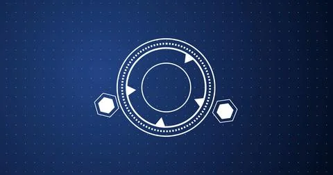 Circular and hexagonal HUD technology element moving on grid dots bg. Viewf.. Illustrazione stock
