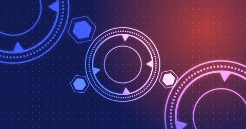 Circular and hexagonal HUD technology element moving on grid dots bg. Viewf.. 스톡 일러스트