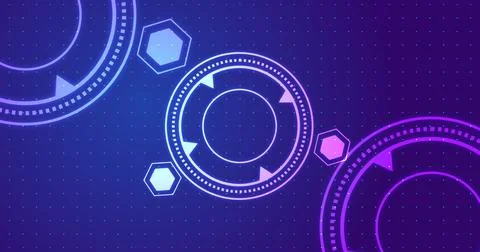 Circular and hexagonal HUD technology element moving on grid dots bg. Viewf.. Illustrazione stock