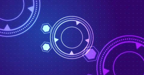 Circular and hexagonal HUD technology element moving on grid dots bg. Viewf.. Illustrazione stock