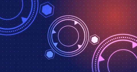 Circular and hexagonal HUD technology element moving on grid dots bg. Viewf.. Illustrazione stock