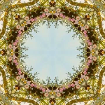 Circular angular floral design made from wedding flowers at sunset 스톡 사진