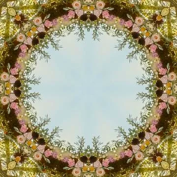 Circular angular floral design made from wedding flowers at sunset Foto stock