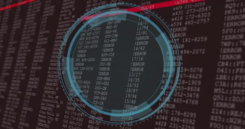 Circular animation over error codes and data on dark background Stock Footage 306636933