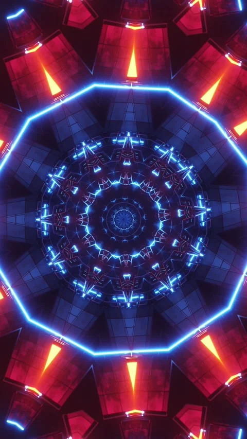 Circular animation of pattern with neon lights in the center. Kaleidoscope VJ Video stock 314716210