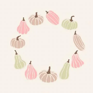 A circular arrangement of gently colored pumpkins in various shapes against a Stock Illustration