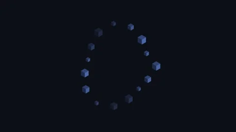 A circular arrangement of glowing blue cubes floating in dark space Stockbeeldmateriaal 338310250