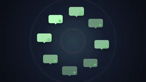 Circular Arrangement of Labeled Chat Bubbles with Checkmarks on Dark Backgrou Stock Footage 348420637