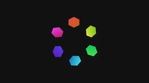 A circular arrangement of vibrant gradient hexagons on a solid black backgrou 库存影片 335149895