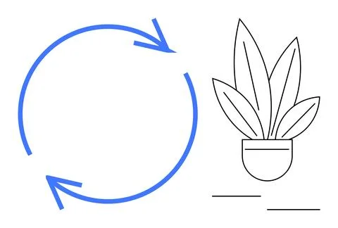 Circular Arrow Representing Cycle Beside Minimalist Line Art Potted Plant S.. Stock Illustration