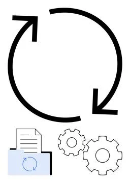 Circular arrows with document, gears for updates or process optimization, a.. Stockillustratie