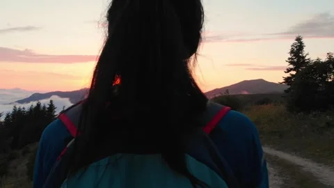 Circular back view hiker backpacker portrait on forest trail enjoy dramatic.. Stock-Footage 242454334