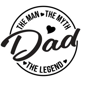 A circular badge design features the text "The man, the myth, the legend" wra Stockillustratie
