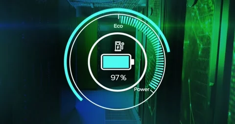Circular battery HUD animating charge rising then falling on plug insert to Stock Footage 321099186