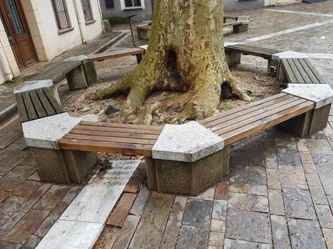 A circular bench made of stone and wood is built around a large tree in a pub Foto stock