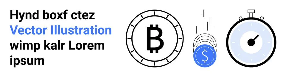 Circular Bitcoin symbol, stack of falling coins with dollar sign, stopwatch g Stock Illustration