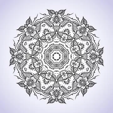 Circular black and white floral ornament Indian Hand drawn henna mehndi tattoo 스톡 일러스트