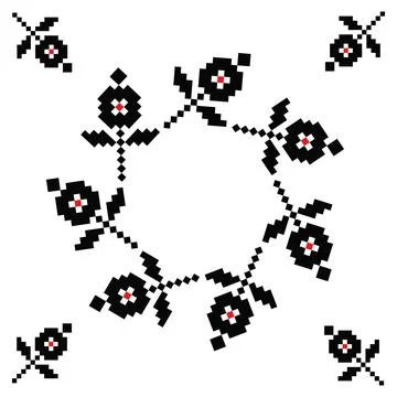 Circular Black Pixel Ornament with Small Flowers Stock Illustration