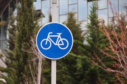 Circular Blue Bicycle Path Traffic Sign in Urban Park Setting Fotos de archivo