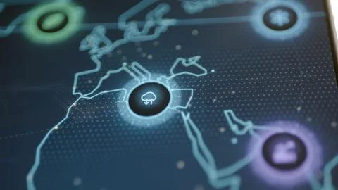 Circular blue cloud and rainfall symbol glows 库存照片