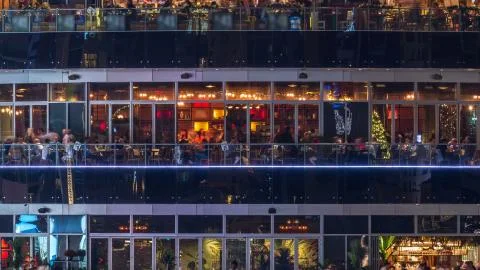 Circular building with different restaurants at each floor in the heart of Du Fotos de archivo