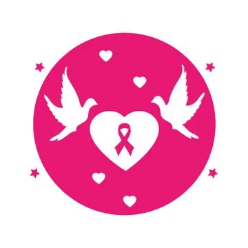 Circular button heart shape emblem pink with symbol breast cancer and pigeons Illustrazione stock