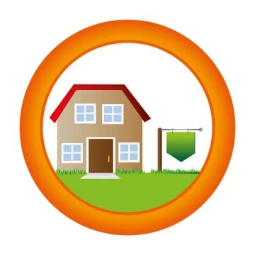 Circular button with house two floor inside and plaque in pole Ilustración de archivo