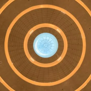 Circular ceiling with skylight and warm lighting. Foto stock