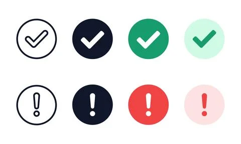Circular check mark and exclamation point status icons rendered in four dis.. Illustrazione stock