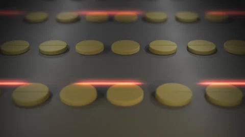 Circular Chewable Pills Flowing Down a Conveyor Belt Video stock 332380156