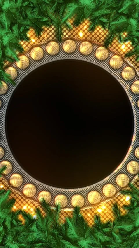 Circular Christmas Frame with Pine Branches and Golden Ornaments Stock Footage 342619915