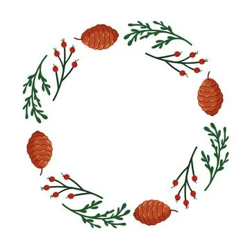 Circular Christmas wreath frame with pinecone, evergreen branch and red rowan Stock Illustration