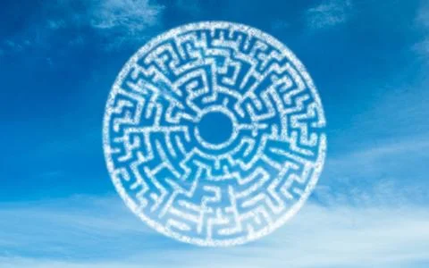 Circular cloud maze pattern is drifting in flat illustration sky, with scattered Foto stock