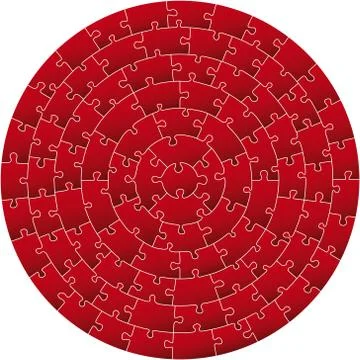 Circular complex puzzle in red. Seven concentric circles. Stock Illustration