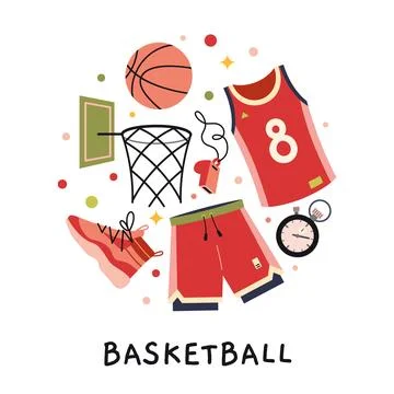 A circular composition with basketball concept. Ball, jerseys, shoes, hoop,.. Stock Illustration