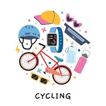 A circular composition with cycling concept. Bicycle, helmet, bottle, glass.. Stock Illustration