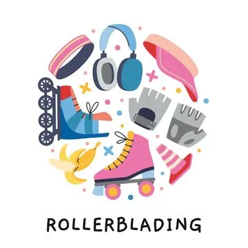 A circular composition with rollerblading concept. Skates, gloves, and othe.. Stock Illustration