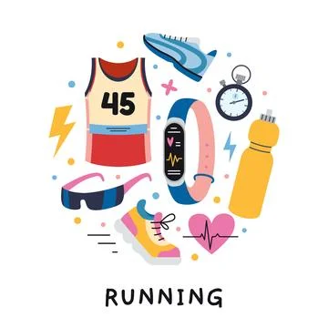 A circular composition with running concept. Shoes, jersey, water bottle, s.. Stock Illustration