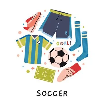 A circular composition with soccer concept. Ball, cleats, jersey, cards, an.. Stock Illustration