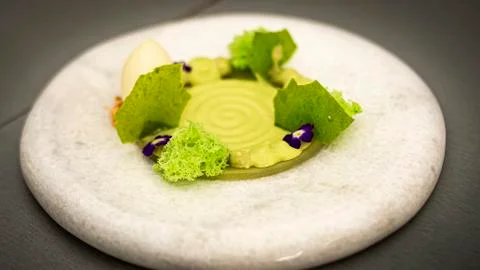 Circular composition with sponge, ice cream and vertical gelling of green fru 스톡 사진