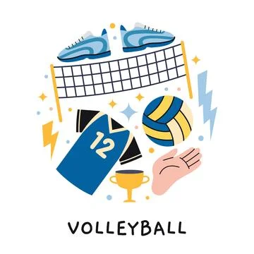 A circular composition with volleyball concept. Ball, net, uniform, and var.. Stock Illustration