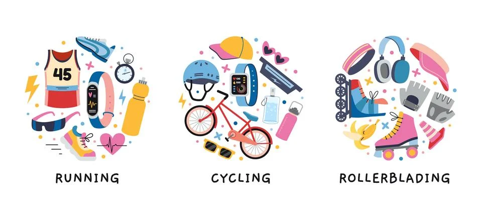 Circular compositions with running, cycling, and rollerblading. Gear, cloth.. Illustrazione stock