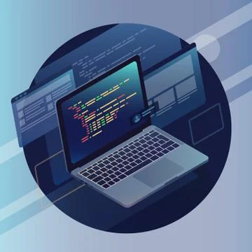Circular concept of volumetric vector laptop with elements of infographics. Illustrazione stock