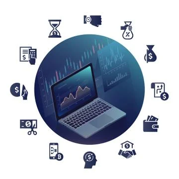 Circular concept of volumetric vector laptop with elements of infographics. Stock Illustration